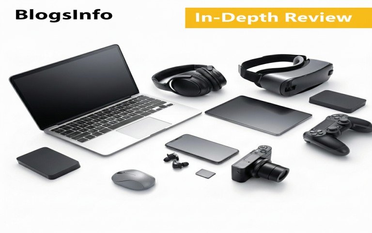 Gadget review desk setup with different digital gadgets.
