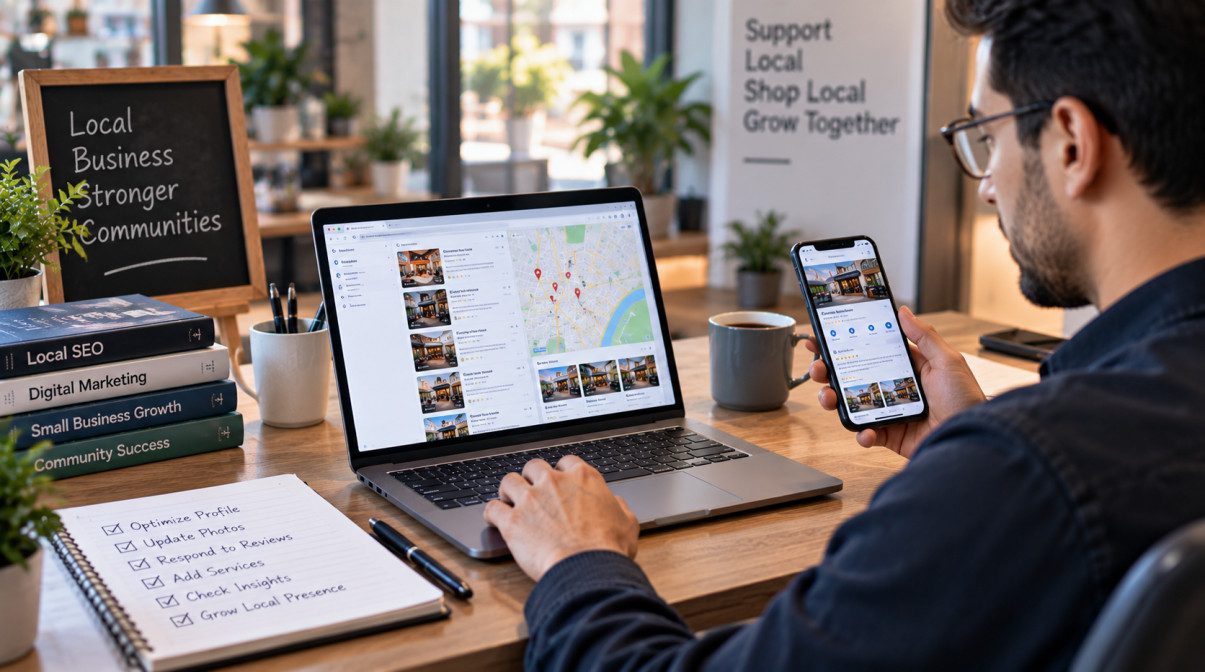 Small business owner managing a Google Business Profile for local visibility