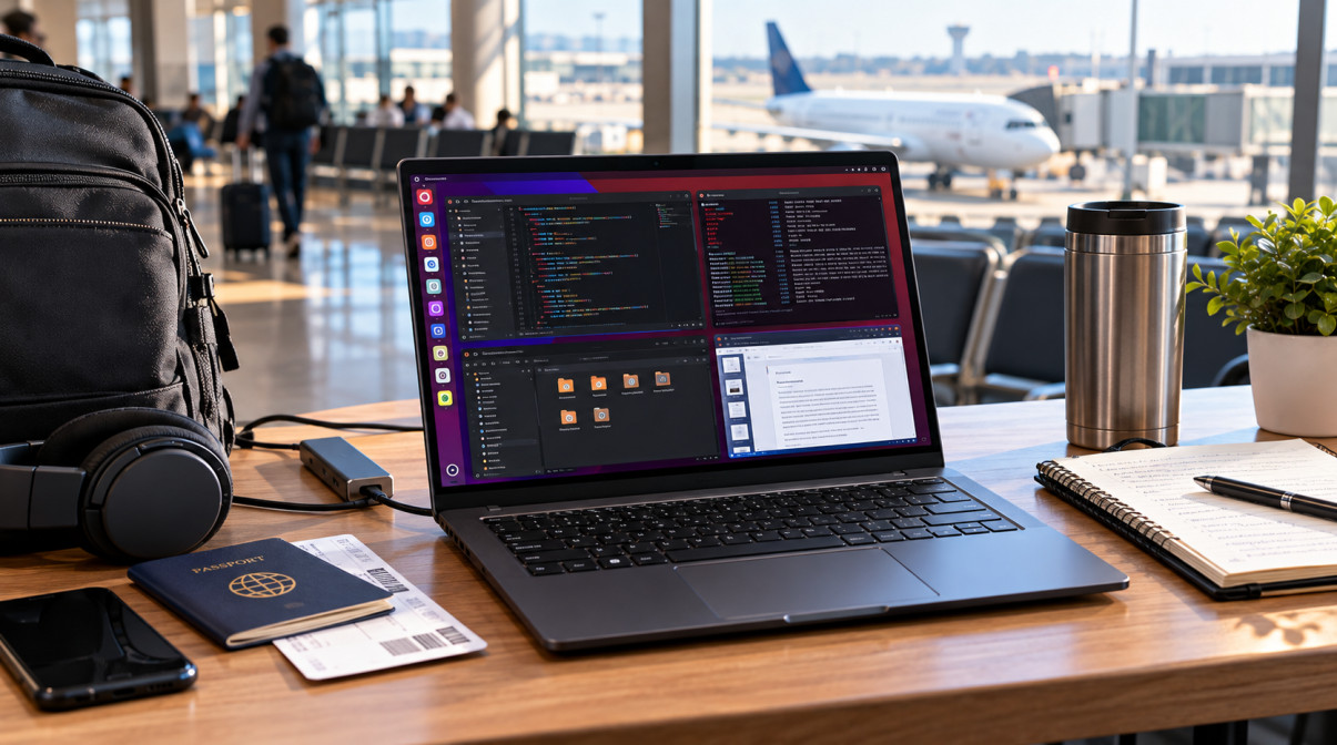 Linux laptop with long battery life on a travel workspace