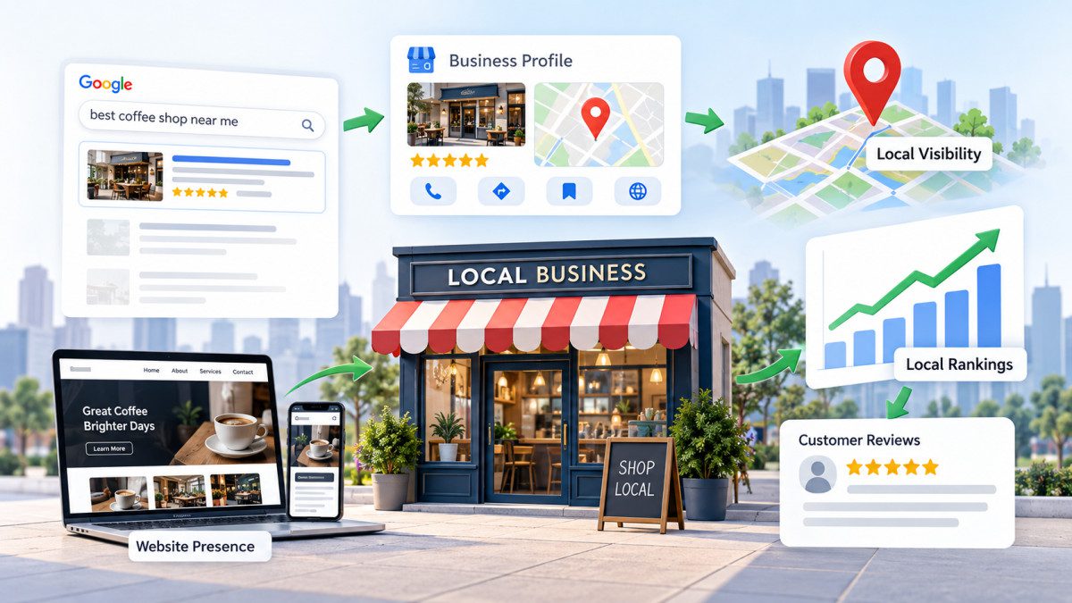 Local SEO checklist for 2026 showing Google Business Profile optimization, local keywords, reviews, citations, local content, technical SEO, and AI search visibility.