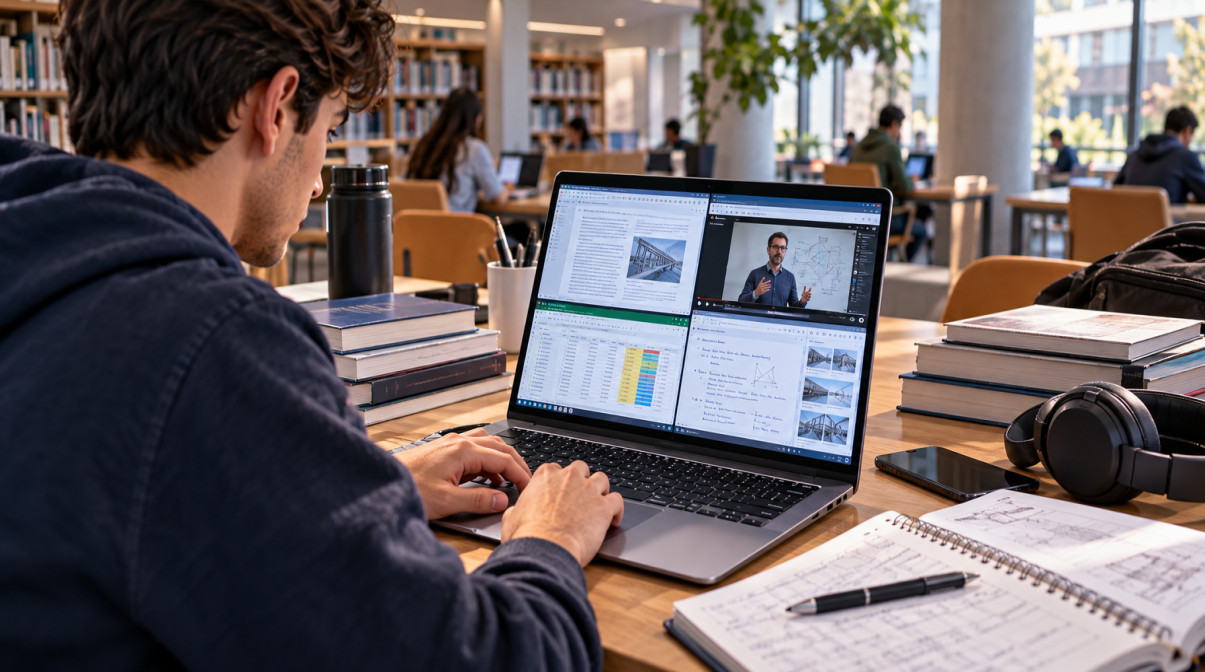 College student using a laptop for real academic workflows in a university library