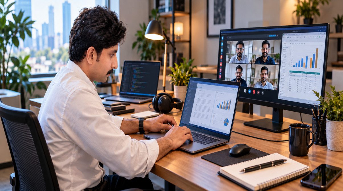 Professional using a work laptop for business productivity