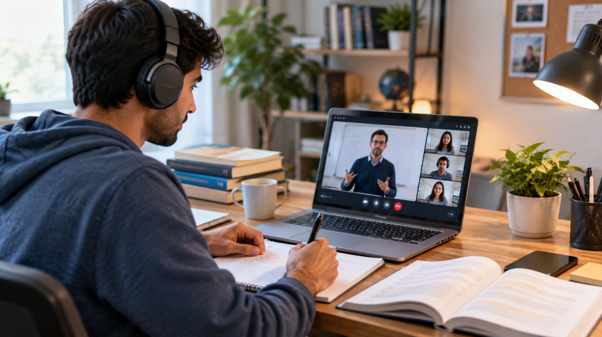 Student attending Zoom classes on a laptop for online learning